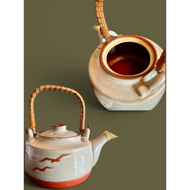 Tan Vintage Mid-Century Modern Otagiri Japan Stoneware Seagull-Rattan Handle-Ceramic-Coastal Teapot For Sale - Image 8 of 11