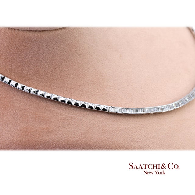 Silver 18k 750 Solid White Gold Natural Diamond Buguatte Tennis Necklace For Sale - Image 8 of 11