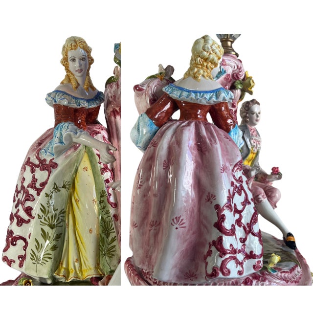 Large Mid-Century D. Poloniato Capodimonte Porcelain Table Lamp Courting Couple Harp For Sale - Image 13 of 18