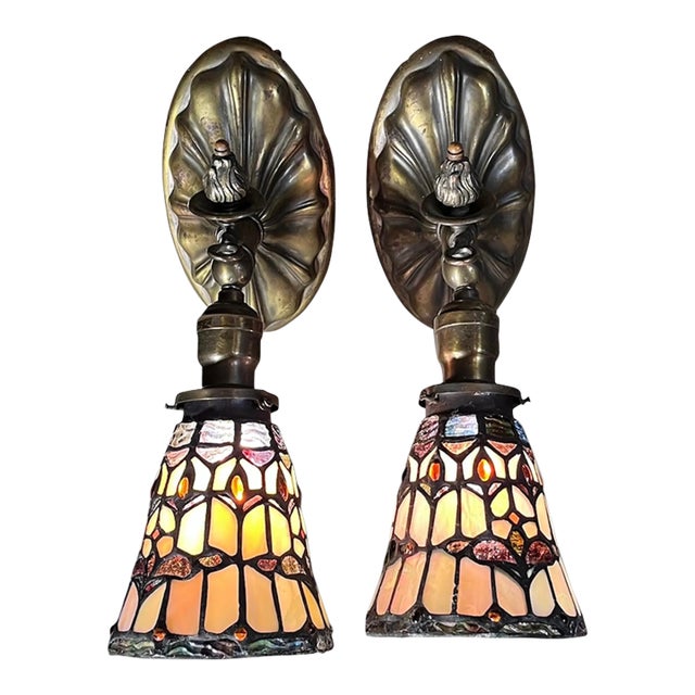 1920s Brass Beardslee Sconce Set With Leaded Glass Shades - a Pair For Sale
