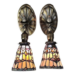1920s Brass Beardslee Sconce Set With Leaded Glass Shades - a Pair