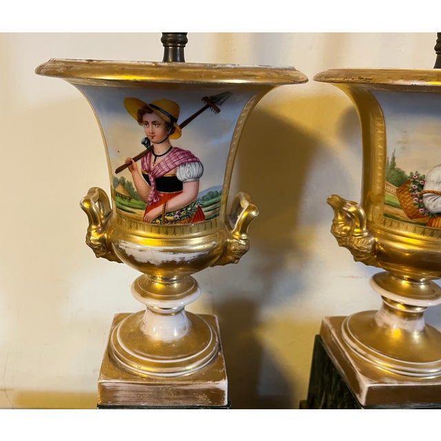 Antique Early 19th Century Old Paris Porcelain Urn Vases Decorated With Gardeners Now Mounted as Table Lamps - A Pair For Sale - Image 14 of 16