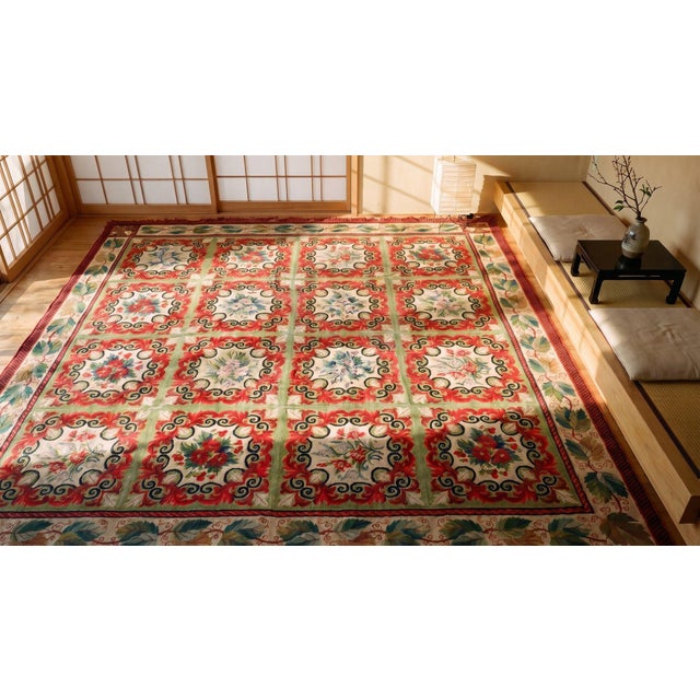 Red 1880s Multicolor Floral Antique French Needlepoint Rug 11'10" X 14' Flatweave Wool Carpet For Sale - Image 8 of 9