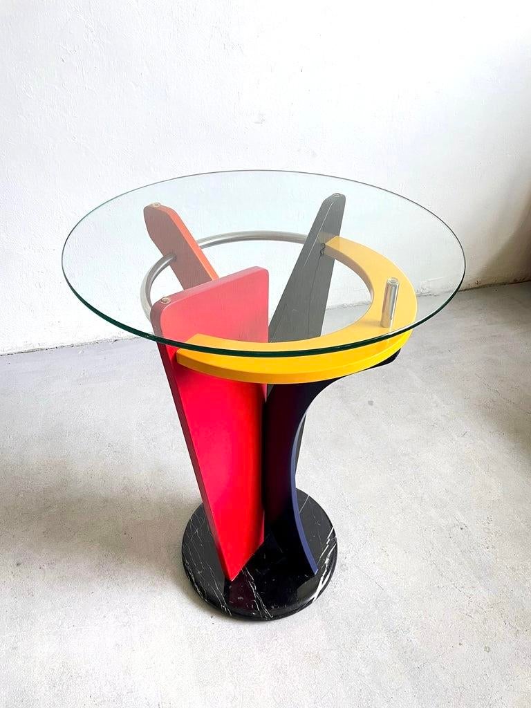 Colonne/guéridon Memphis / Postmodern – Marbre Et Verre – Années 80 – Reconditionné