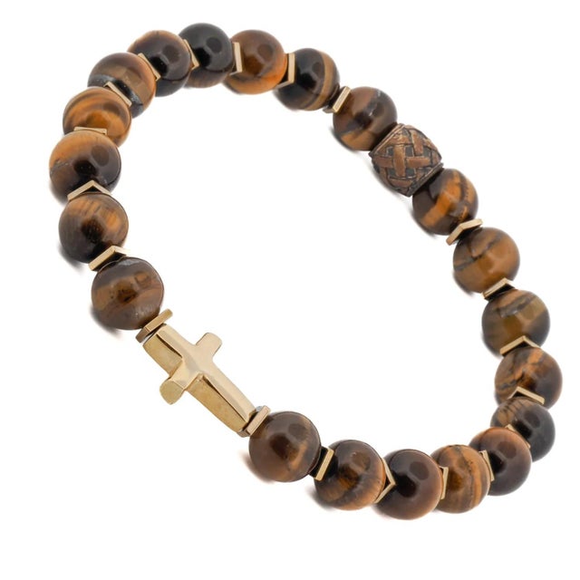 Contemporary Gold Cross Tiger's Eye Beaded Bracelet For Sale - Image 3 of 7