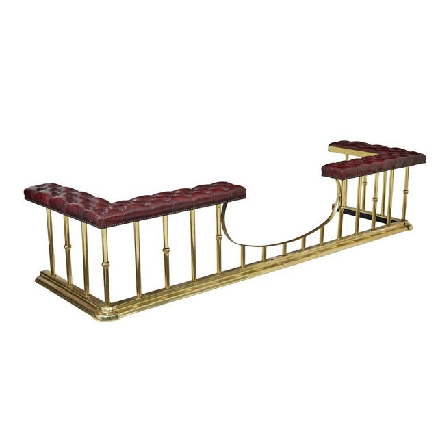 Metal Large Brass and Leather Fireplace Club Fender, 2000 For Sale - Image 7 of 9