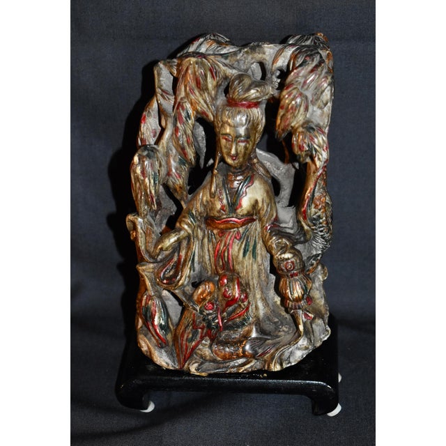 Stone Vtg. Carved Asian Style Soapstone Goddess Statue on Wood Base For Sale - Image 7 of 15