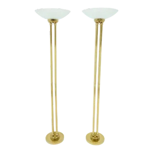 Mid Century Modern Brass Etched Glass Shades Torcheres Floor Lamps - A Pair
