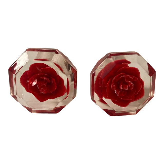 1960s Rose Imbedded Lucite Knobs - A Pair Nos For Sale