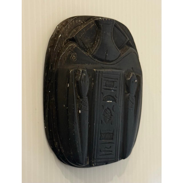 Vintage Egyptian Hand-Carved Black Serpentine Stone Scarab Plaque With Hieroglyphic Motifs For Sale - Image 4 of 12