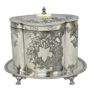 Antique Victorian Silver Plated Etched Footed Hinged Biscuit Barrel Jar on Stand For Sale