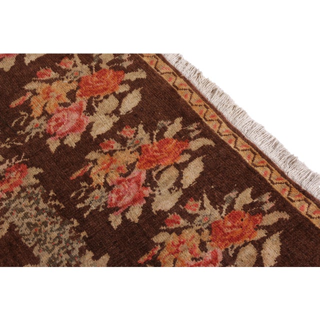 Traditional 1950s Hand-Knotted Mid-Century Vintage Bessarabian Rug in Brown and Green Floral Pattern For Sale - Image 3 of 5