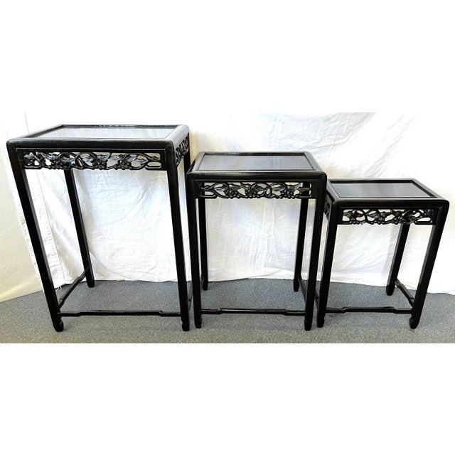 Mid Century Modern Chinese Carved Wood Nesting Tables in Ebony Finish- Set of 3 For Sale - Image 9 of 13