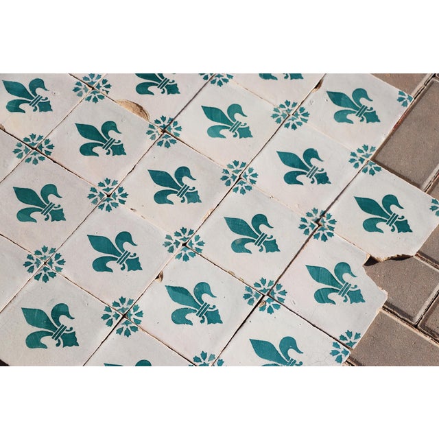 Teal Antique 19th Century Portuguese Heraldic Motif Tiles With Teal Fleur-De-Lis Set of 28 For Sale - Image 8 of 14