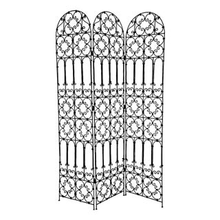 Vintage Black Three Panel Boho Rustic Iron Folding Screen For Sale