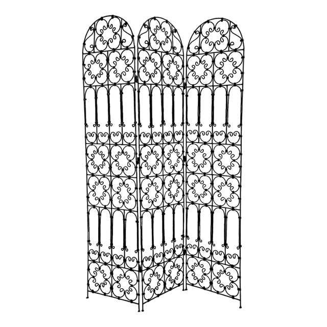 Vintage Black Three Panel Boho Rustic Iron Folding Screen For Sale