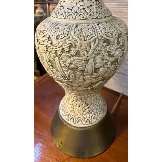 Early Mid Century Incised, Carved Chalkware Asian Lamp For Sale - Image 4 of 5
