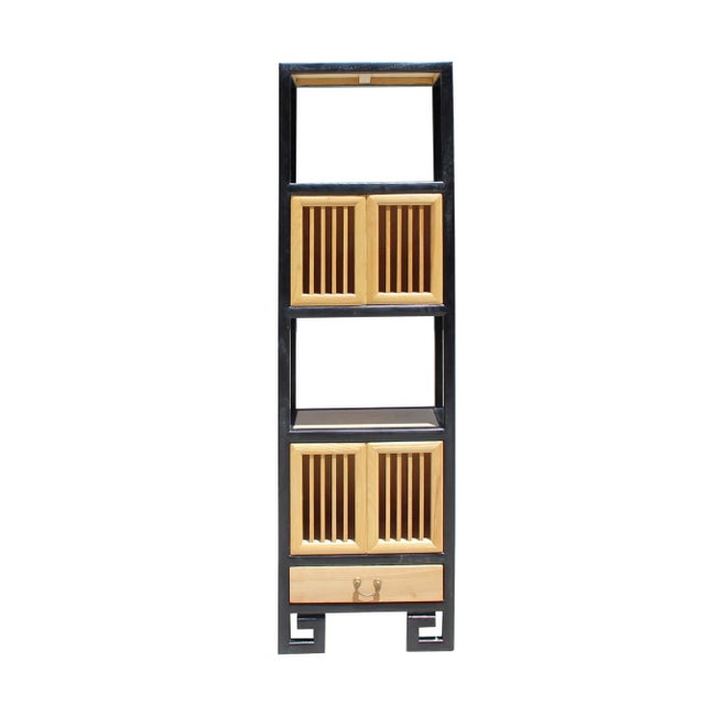 Wood Oriental Black Rim Natural Wood Narrow Storage Display Bookcase Cabinet For Sale - Image 7 of 7