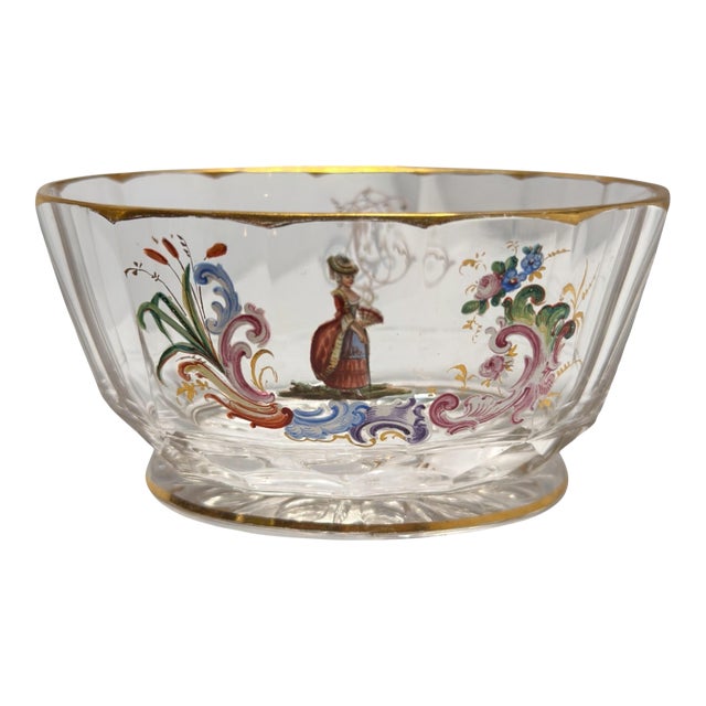 Antique J L Lobmeyr Austrian Enamel Decorated Crystal Bowl Romantic Scene For Sale
