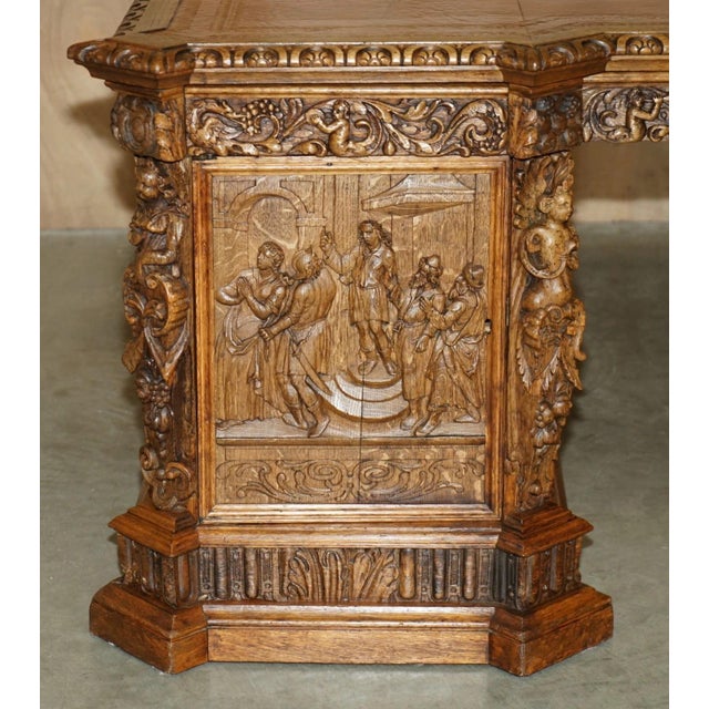 Museum Quality Victorian Walnut Partner Desk With 17th-Century Carved Panels For Sale - Image 12 of 18