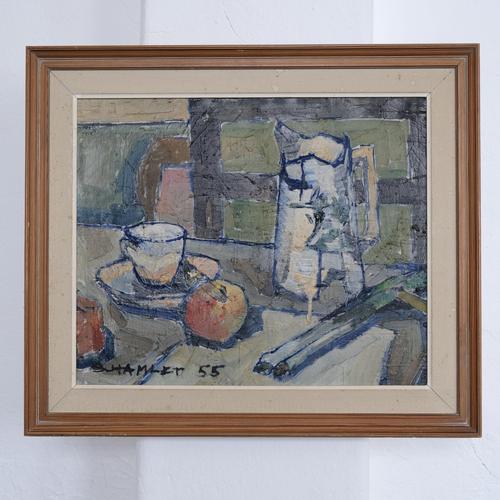 Original oil on canvas still life by Swedish artist Sven-Olof Hamlet (1922–2002), dated 1955. The composition features a...
