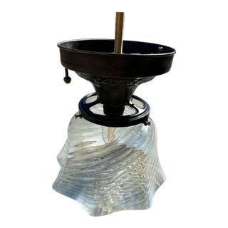 Vintage Semi-Flush Brass Ceiling Fixture With Vintage Opalescent Shade For Sale