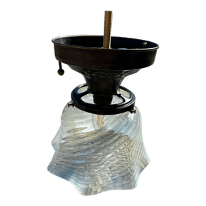 Vintage Semi-Flush Brass Ceiling Fixture With Vintage Opalescent Shade