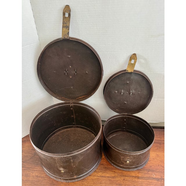 Rustic European Antique Metal Military Hammered Hat Boxes Pair For Sale - Image 3 of 8