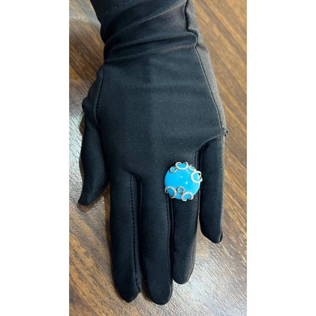 Round Blue Teal Turquoise Diamond Swirl Scroll 14k Yellow Gold Cocktail Ring, Size 3 For Sale - Image 14 of 14