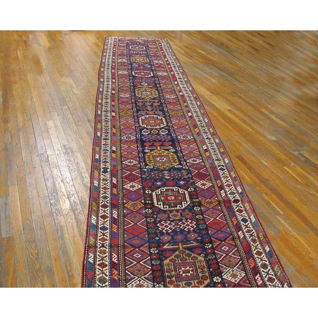 1900s Blue Navy Geometric Tribal Antique W. Persian Kurdish Carpet 3'5" X 17'4" Handknotted Wool Rug For Sale - Image 4 of 6