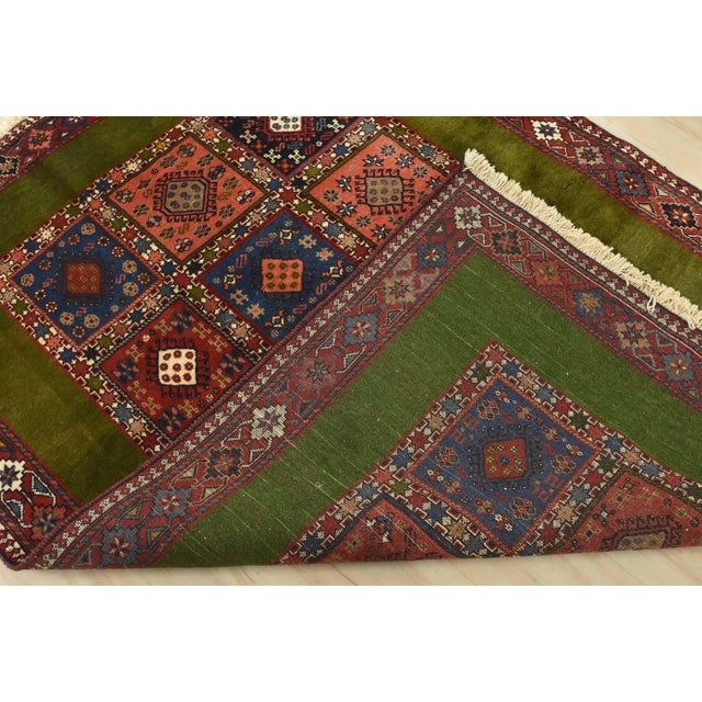 Yalameh Rug 4'10'' X 6'8'' Green Wool Vintage Tribal Hand-Knotted Carpet For Sale - Image 12 of 13