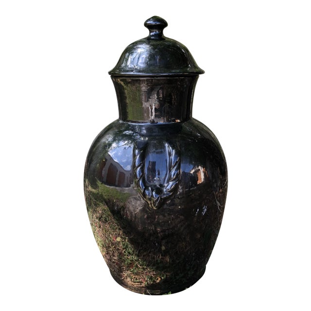 1980s Large Ebony Black Ceramic Urn For Sale