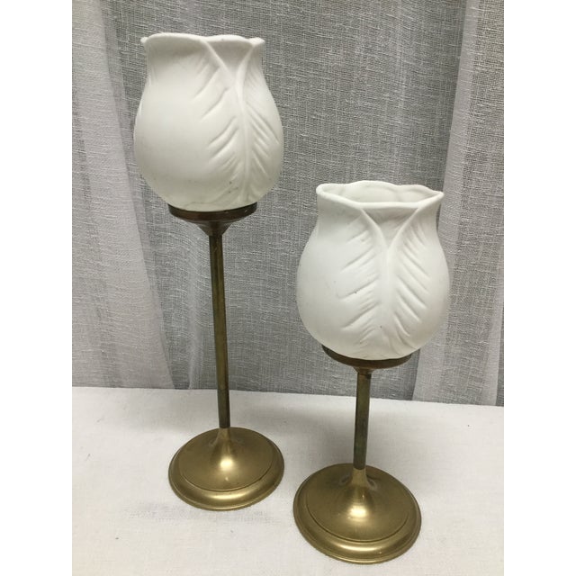 Mid 20th Century Brass and Ceramic Tulip Votive Candle Holders a Pair