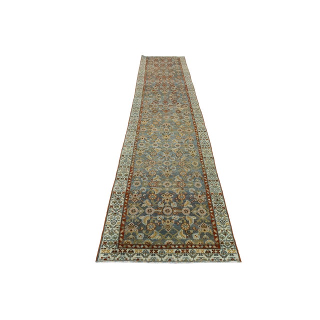 Antique Oriental Runner - Hand-Knotted Wool Muted Blue & Rust Oushak Style 3x13 For Sale - Image 4 of 9