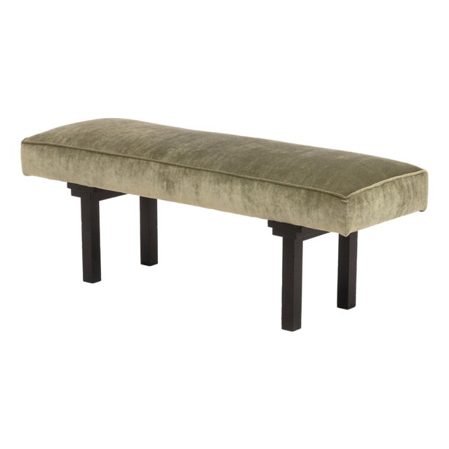 Chinese Style Sage Velvet Upholstered Bench For Sale