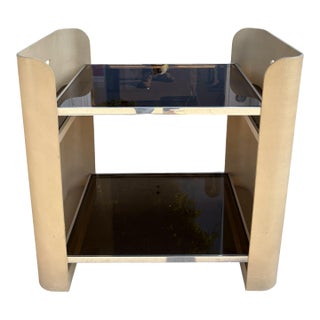 1980s Karl Springer Style Lizard Skin Leather Class Cocktail Bar Cart For Sale