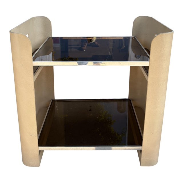 1980s Karl Springer Style Lizard Skin Leather Class Cocktail Bar Cart For Sale