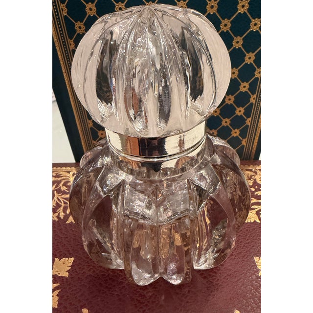 Early Vintage Art Deco cut glass and silver plate inkwell with hinged lid. The uniquely elegant curves of the base and lid...