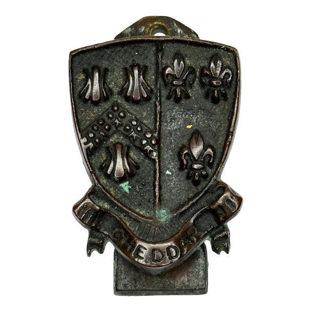 British Cheddar Bronze Door Knocker Heraldic Coat of Arms Shield Fleur De Lys C1925 For Sale