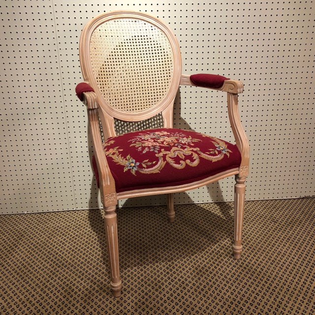 Red Vintage Louis XVI Cane Back Needlepoint Armchair For Sale - Image 8 of 8