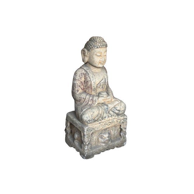 Chinese Distressed Brown Gray Stone Sitting Meditation Buddha Statue For Sale - Image 9 of 17