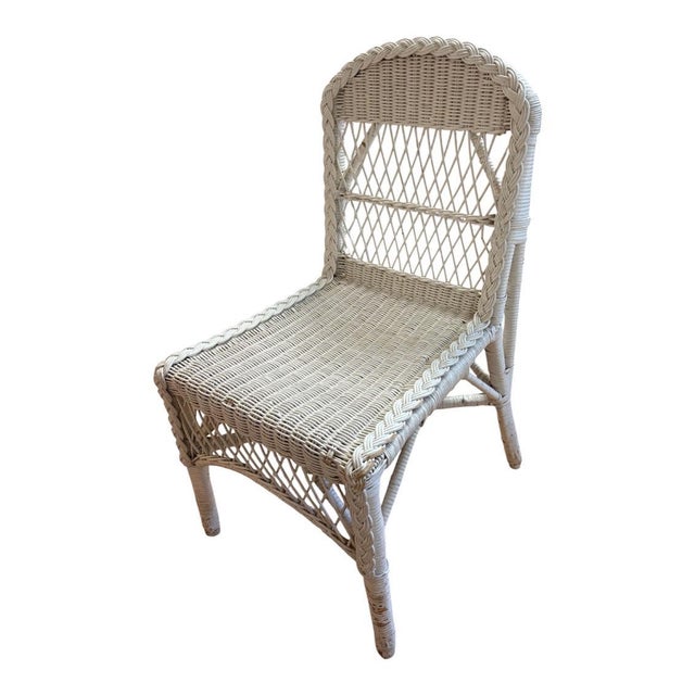Vintage White Rattan Wicker Woven Open Lattice Back & Wicker Braided Detail Side Chair. The chair is in excellent...