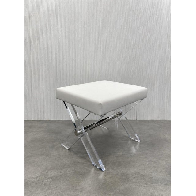 2020s Worlds Away Dixon Acrylic Lucite X Base Stool Nickel Stretcher White Linen For Sale - Image 5 of 7