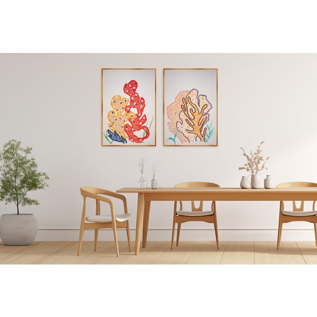 Yellow Coral Bouquets, Modern Coastal Diptych, Illustration Style, Gouache Crayon on Watercolor Paper, 2026 For Sale - Image 4 of 10