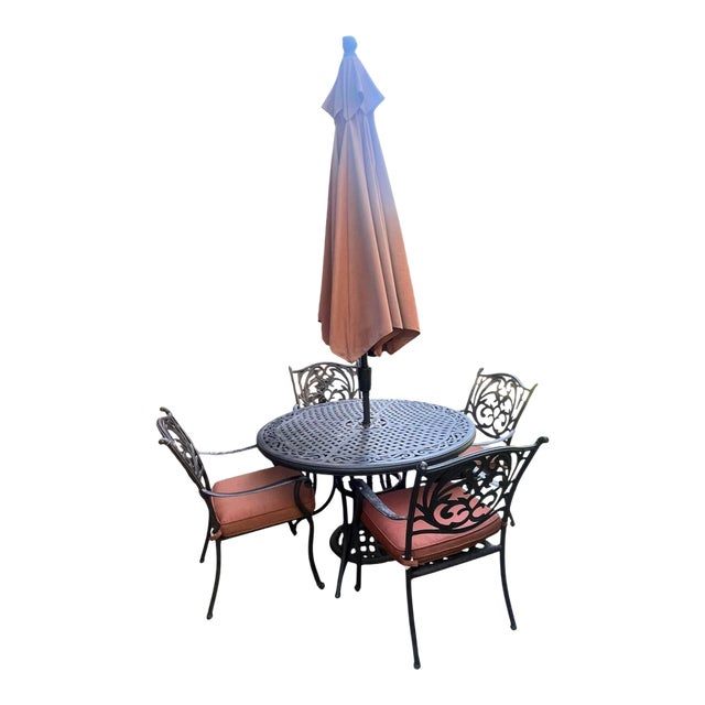 Elegant Cast Aluminum Patio Table, 4 Armchairs With Cushions Set, Umbrella & Stand. For Sale