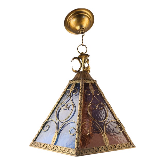 Vintage Multi Color Slag Glass Italian Tole Gilded Pendant Light Fixture For Sale