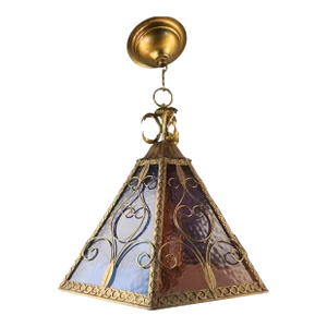 Vintage Multi Color Slag Glass Italian Tole Gilded Pendant Light Fixture