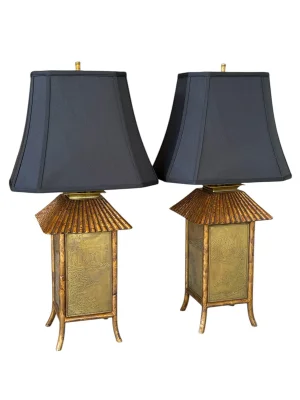 Late-20th Century Mixed Media Faux Bamboo Pagoda Table Lamps With Etched Brass Panels and New Black Shades-Pair