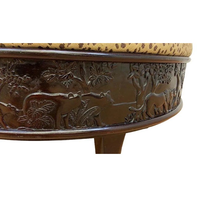 Sam Moore Safari Round Cocktail Ottoman With Carved Teakwood Frame and Cheetah Print Upholstery For Sale - Image 9 of 11
