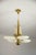 Beautiful large art deco chandelier made of brass plated metal and blown glass ivory color shades. Item was cleaned...